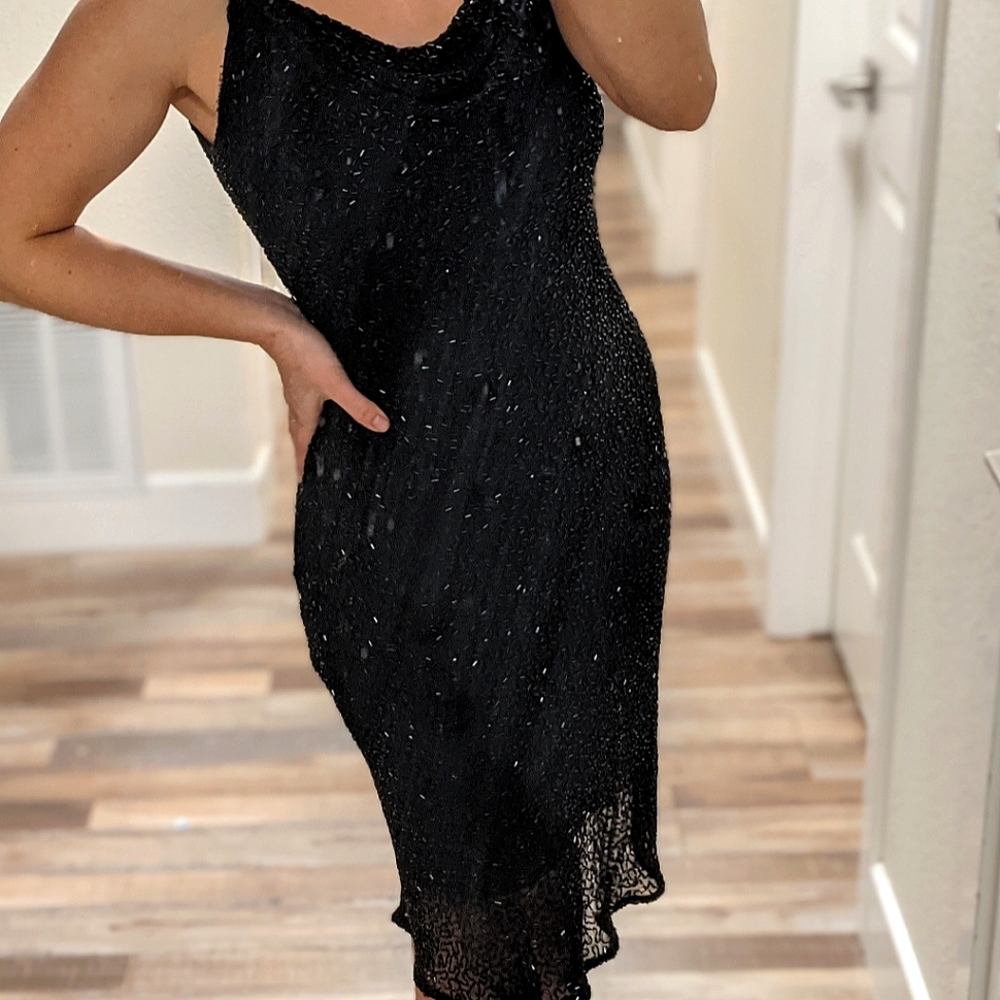 Slinky cowl neck scoop back vintage beaded dress holiday new years